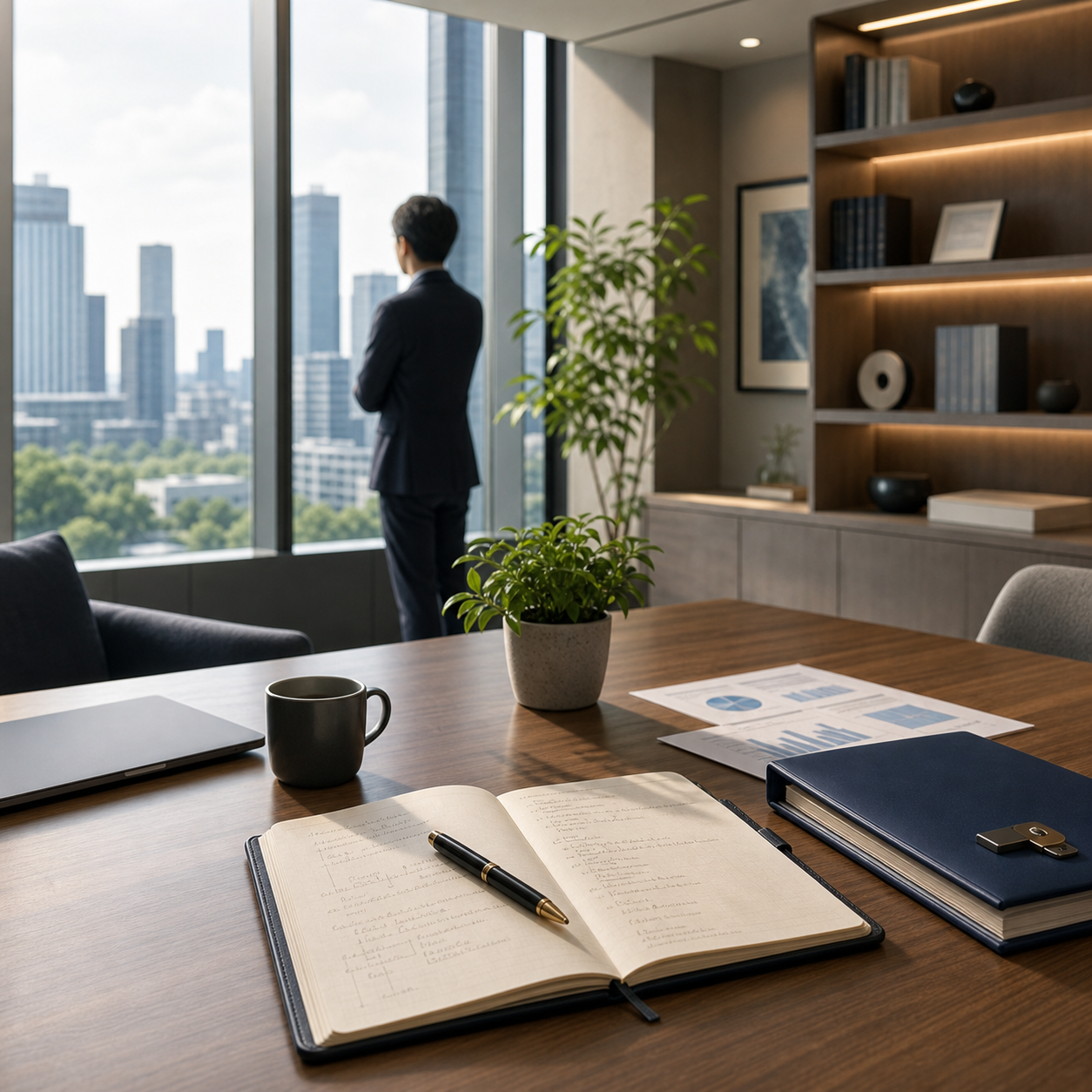 信頼できる会社の姿勢を表す落ち着いたオフィスの窓辺