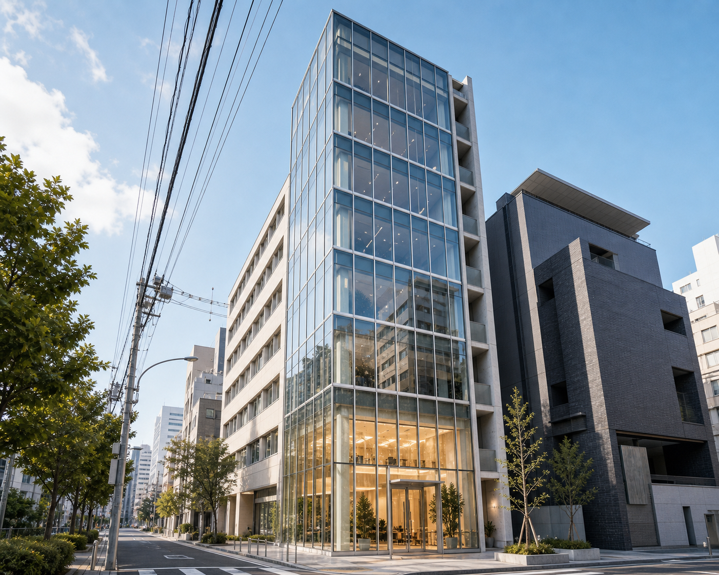IT会社の清潔感と信頼感を表す全面ガラス張りの都市型高層オフィスビル